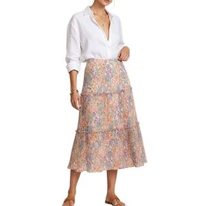 Vintage 70s boho cottagecore coral blue floral plisse tiered midi skirt 14X